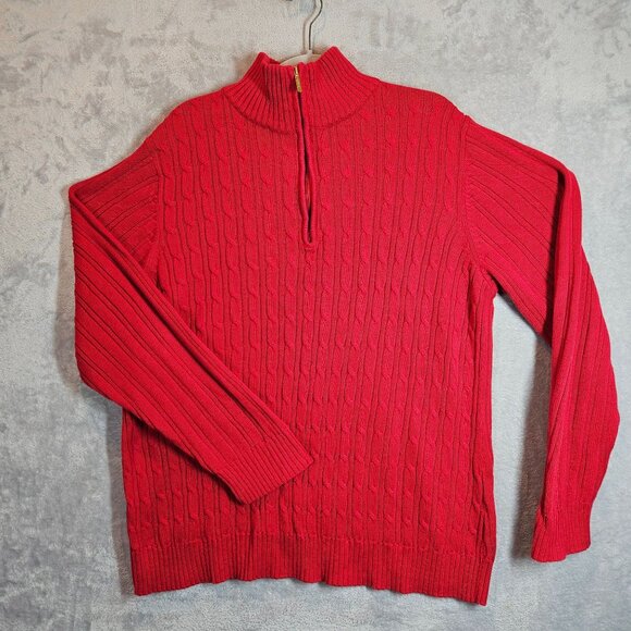 Liz & Co Women's 3X Bold Red Cable Knit Quarter-Zip Sweater Cotton Ribbed office - Picture 1 of 13
